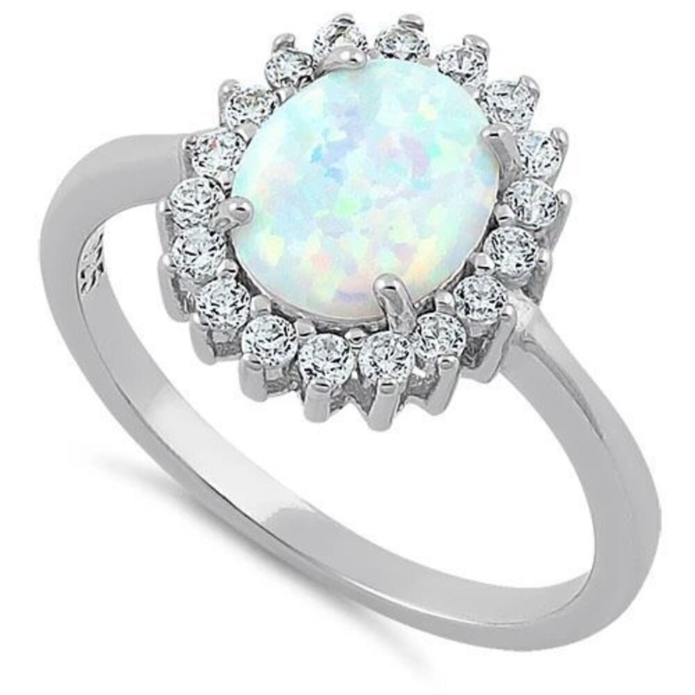 Sterling Silver Oval White Lab Opal CZ Ring New